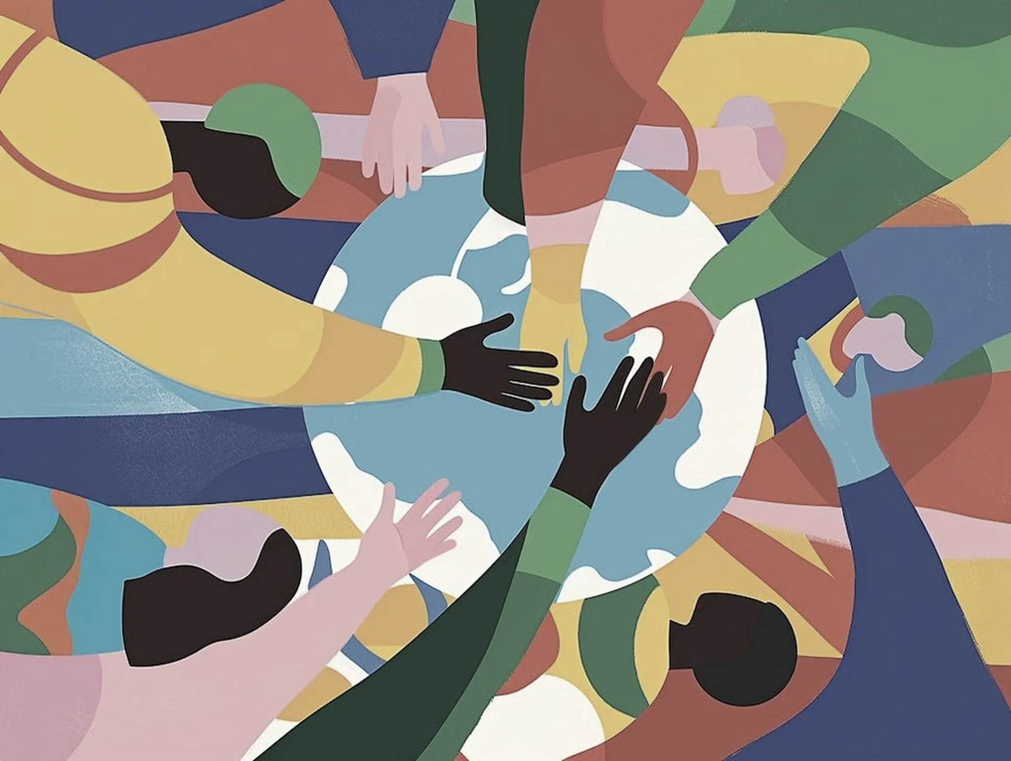 An abstract illustration of many different people reaching toward a common centre.