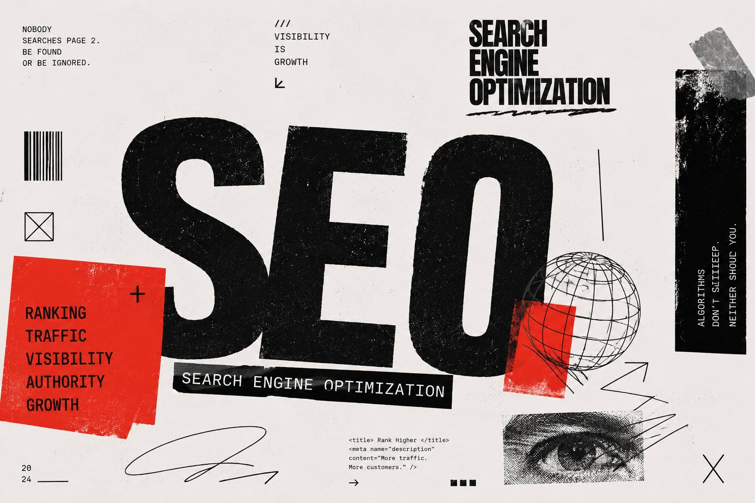 An editorial collage of search engine optimisation terms: rankings, traffic, visibility, authority, growth.