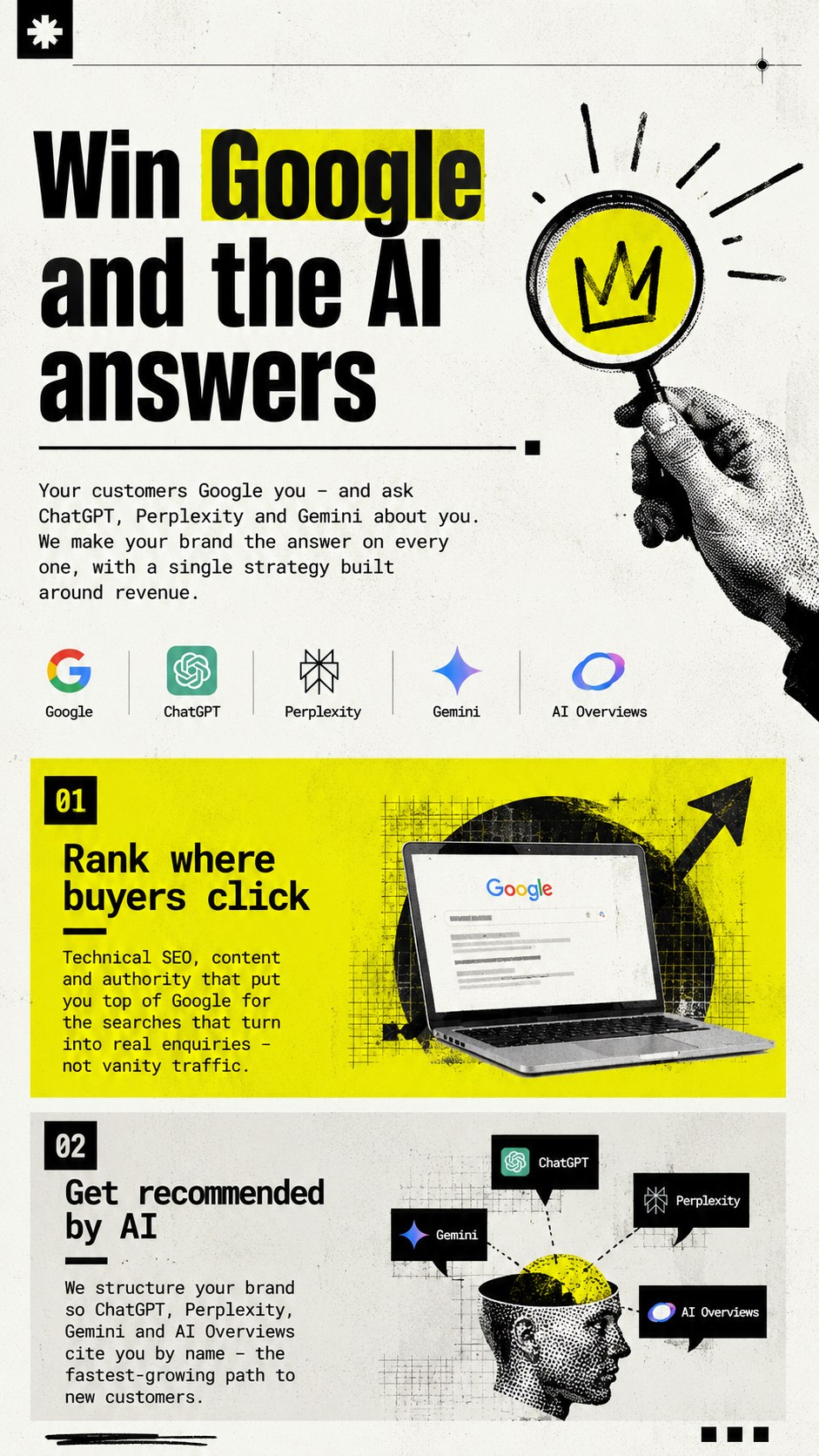 A campaign one-pager headed Win Google and the Ai answers.